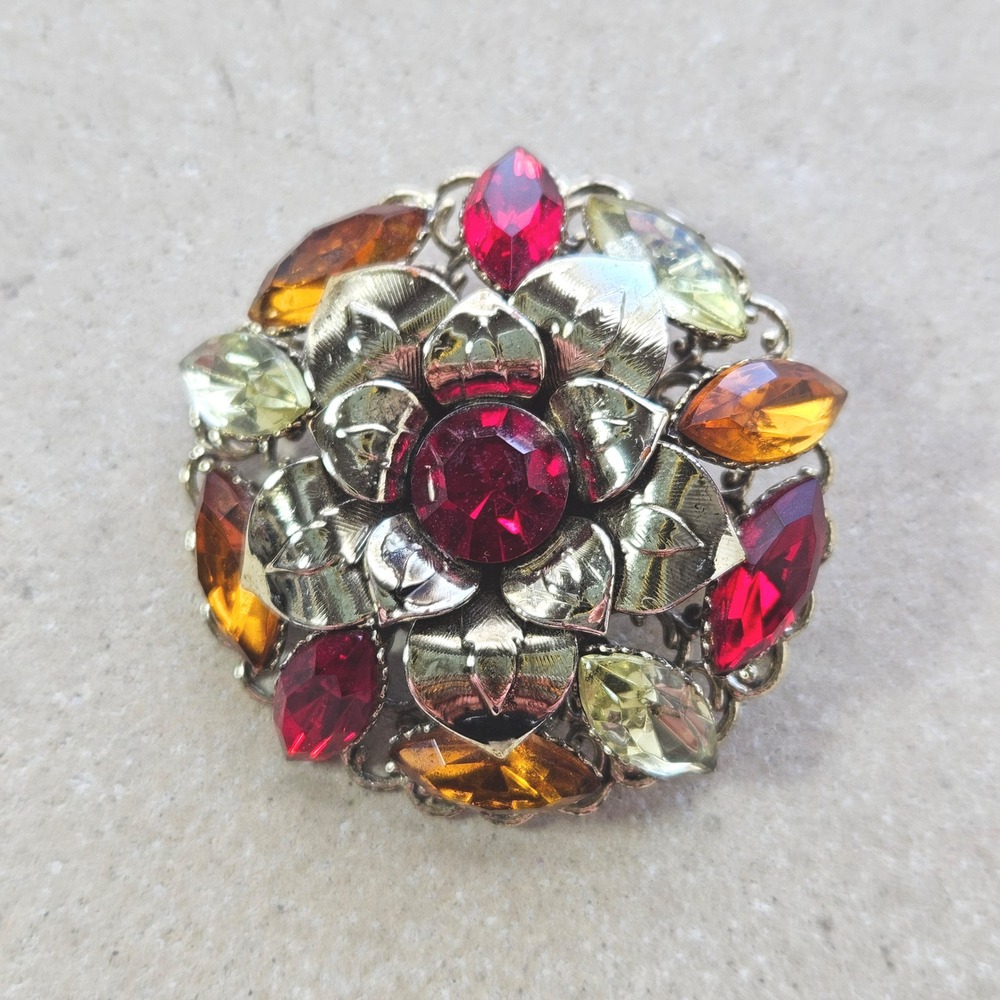 Vtg 50s 60s Gold Tone Floral Rhinestone Brooch Red‎ Amber Yellow Flower Pin